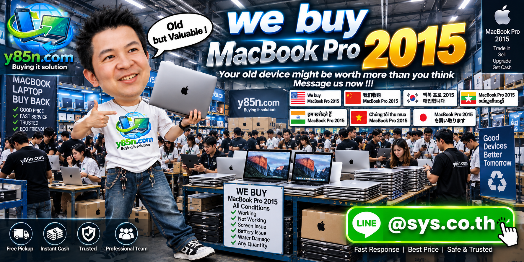 Y85N.com buying MacBook Pro 2015 in a busy Thailand computer warehouse