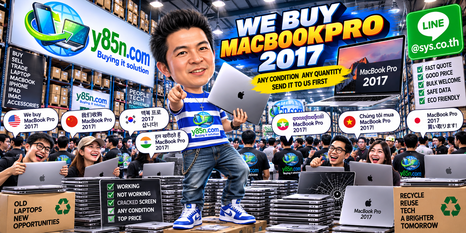 Y85N.com team and customers at a busy computer and IT equipment buying warehouse