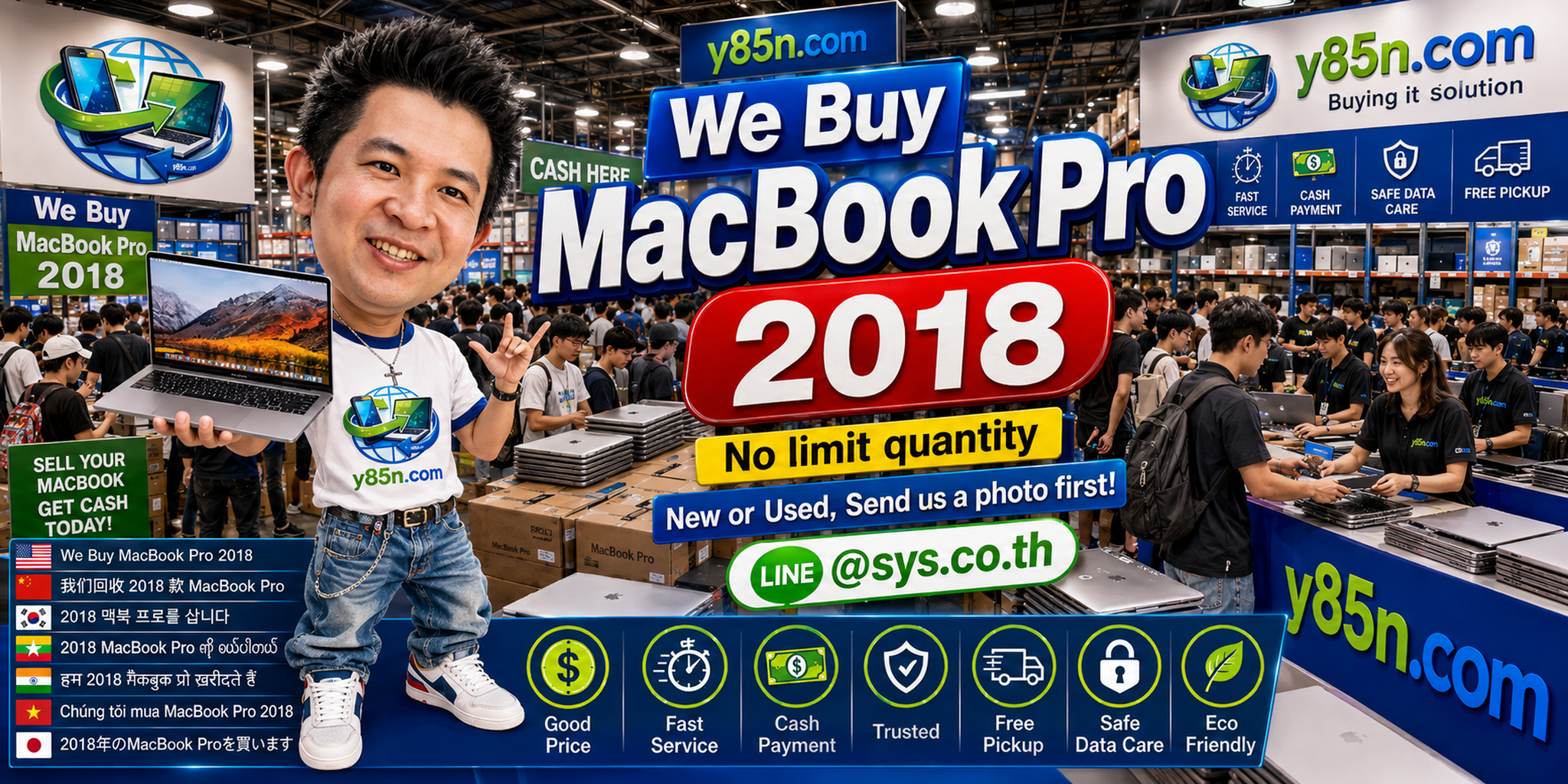 Y85N.com team and customers at a busy MacBook Pro 2018 buying warehouse