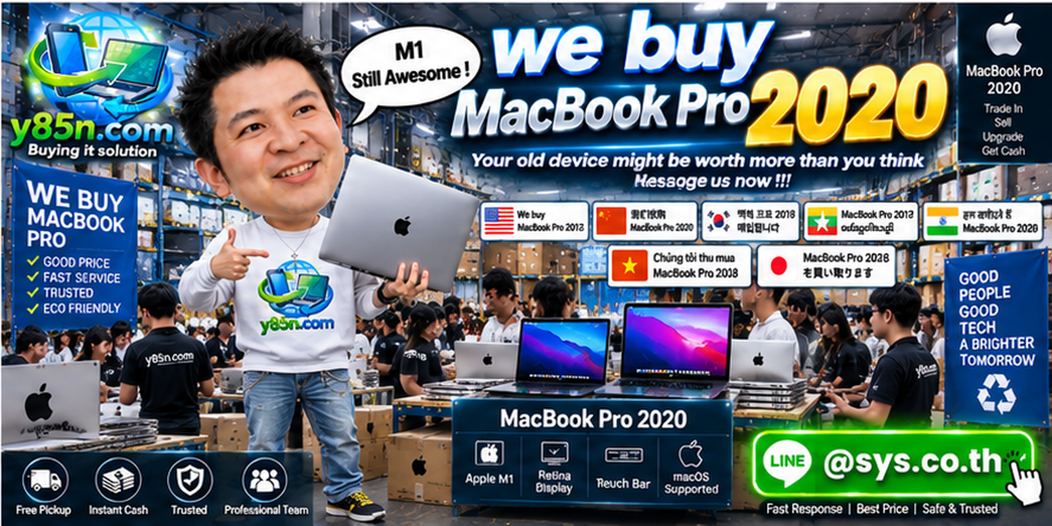 Y85N.com buying Intel and M1 MacBook Pro 2020 in a busy Thailand computer warehouse