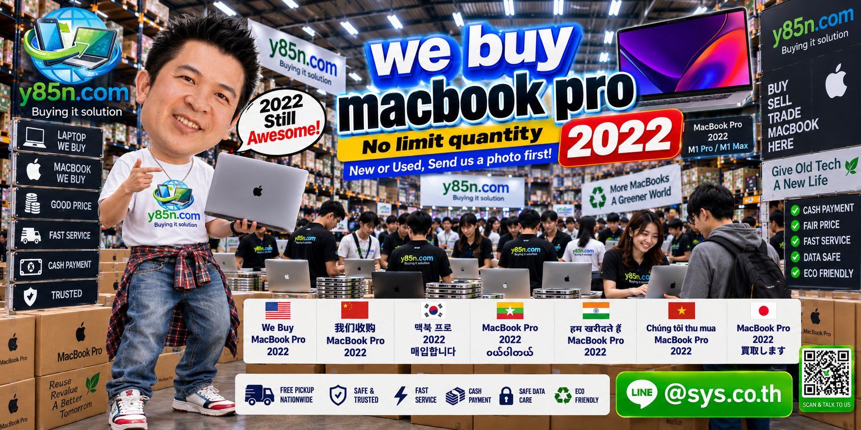 Y85N.com team and customers at a busy computer and IT equipment buying warehouse
