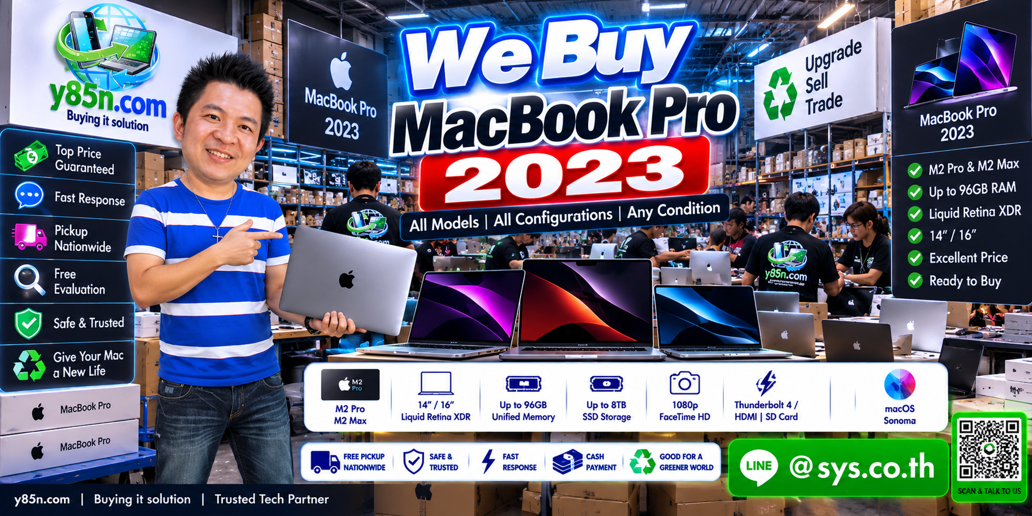 Y85N.com busy warehouse evaluating MacBook Pro 2023 devices and company IT lots