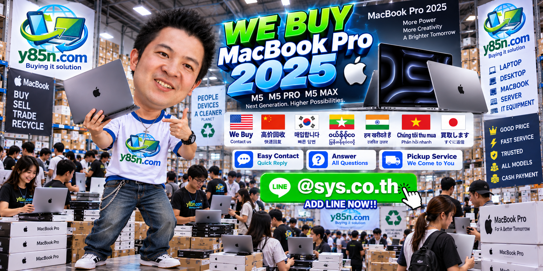 Y85N.com MacBook Pro 2025 contact banner with LINE sys.co.th
