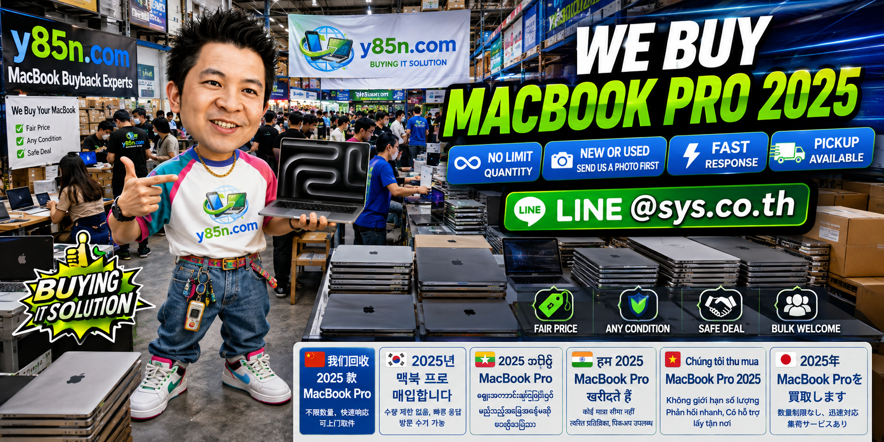 Busy Y85N.com warehouse evaluating MacBook Pro 2025 and Apple laptops