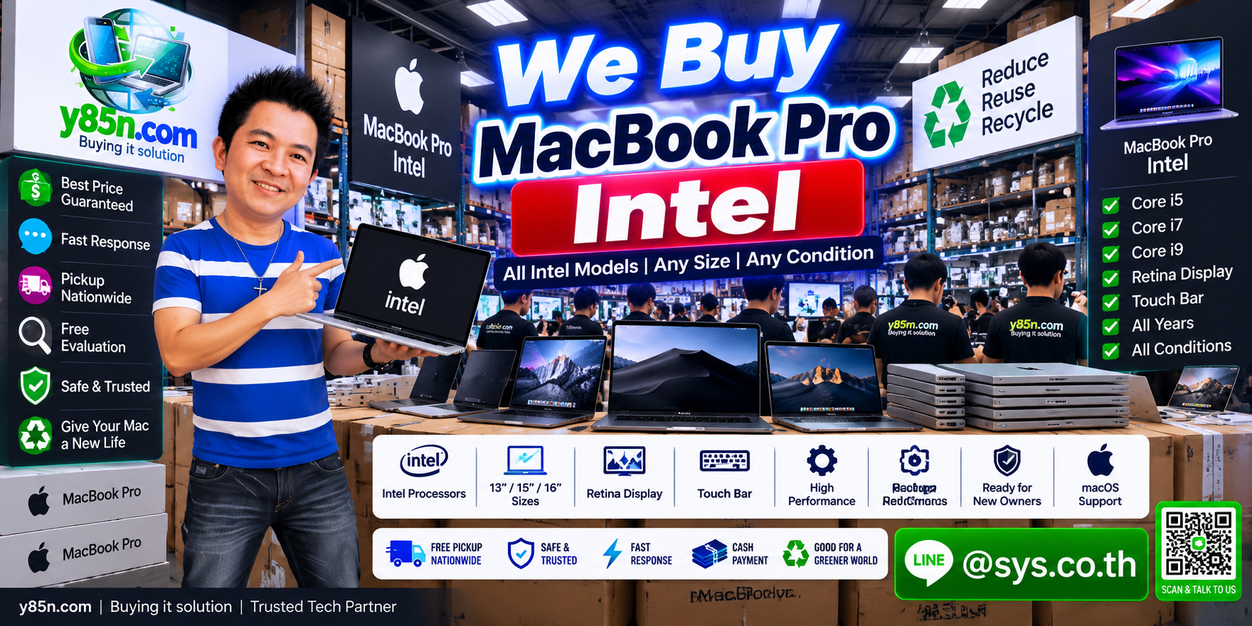 Y85N.com team and customers at a busy Intel MacBook Pro buying warehouse