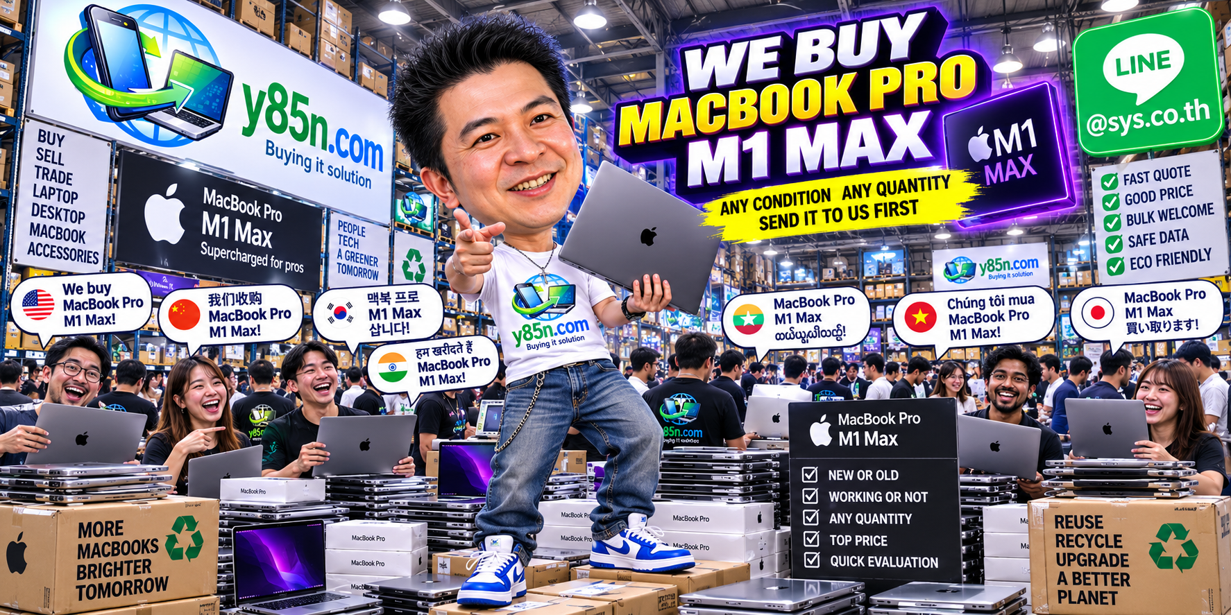 Y85N.com team and customers at a busy MacBook Pro M1 Max buying warehouse