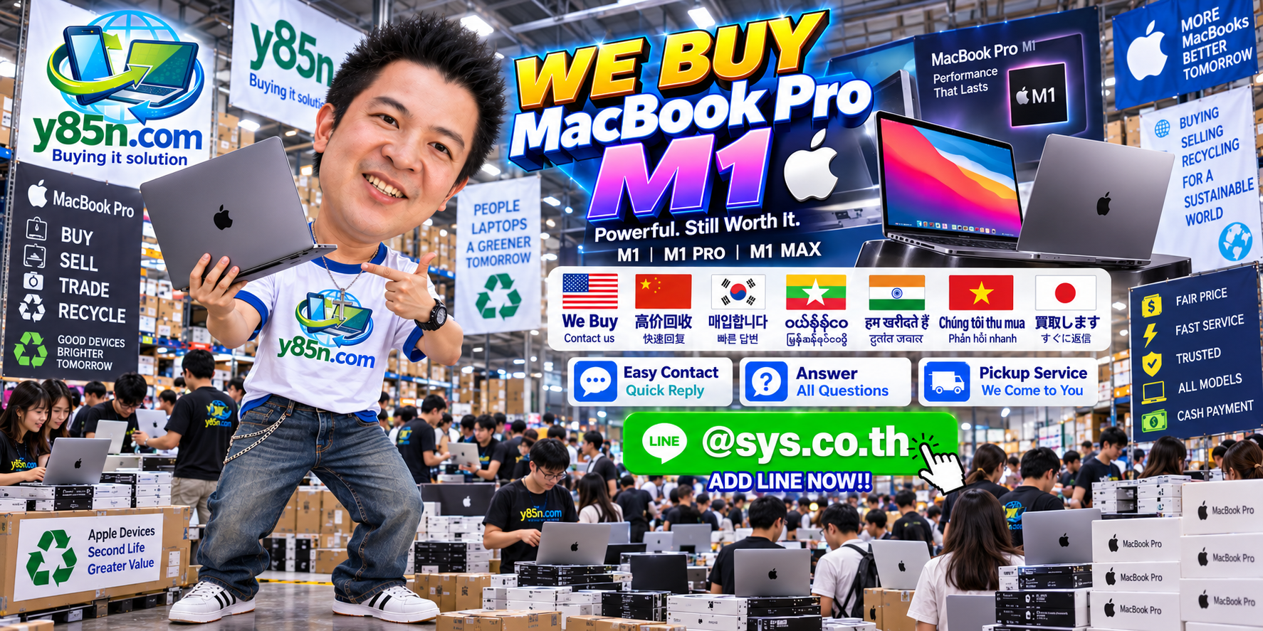 MacBook Pro M1 contact banner with LINE @sys.co.th for Y85N.com