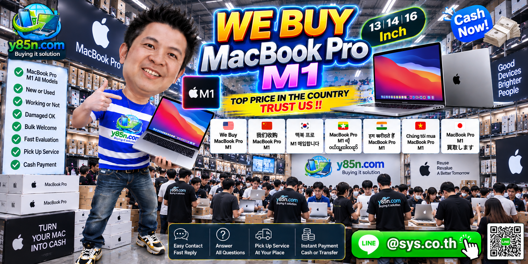 Busy Y85N.com warehouse buying MacBook Pro M1 devices in Thailand
