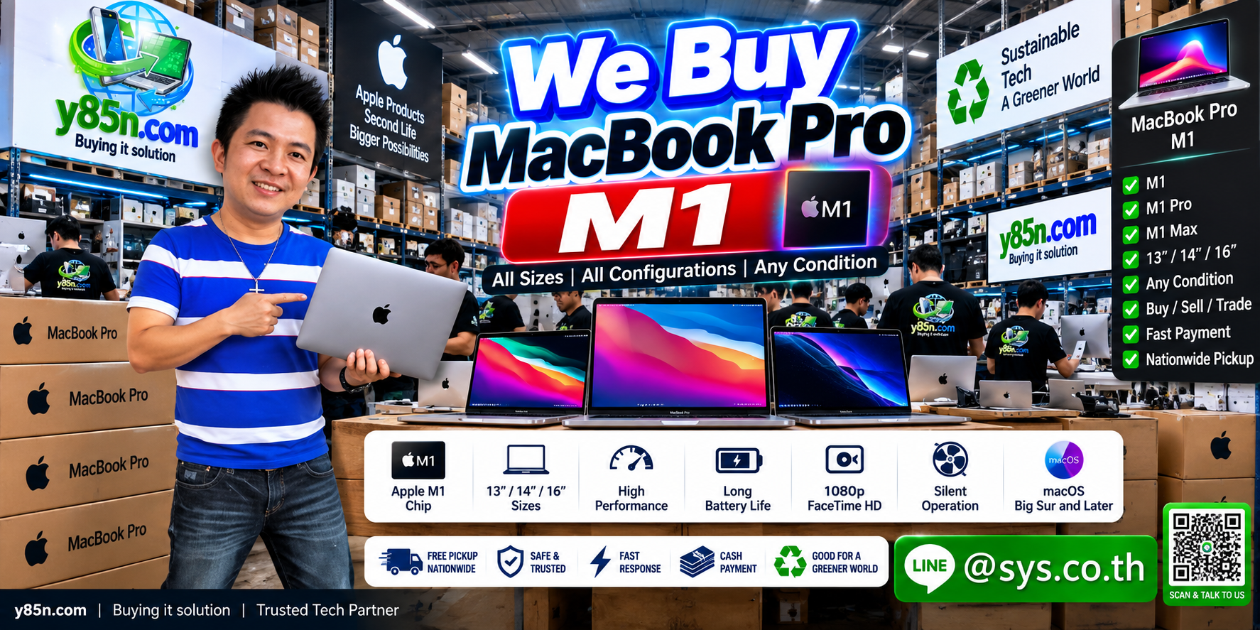 Y85N.com team and customers at a busy computer and IT equipment buying warehouse