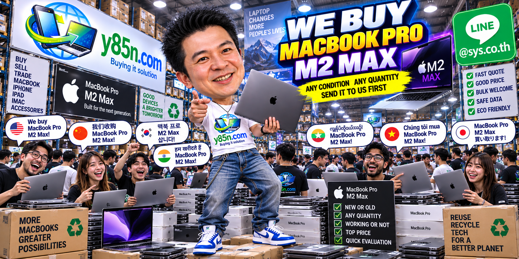 Y85N.com team and customers at a busy Intel MacBook Pro buying warehouse