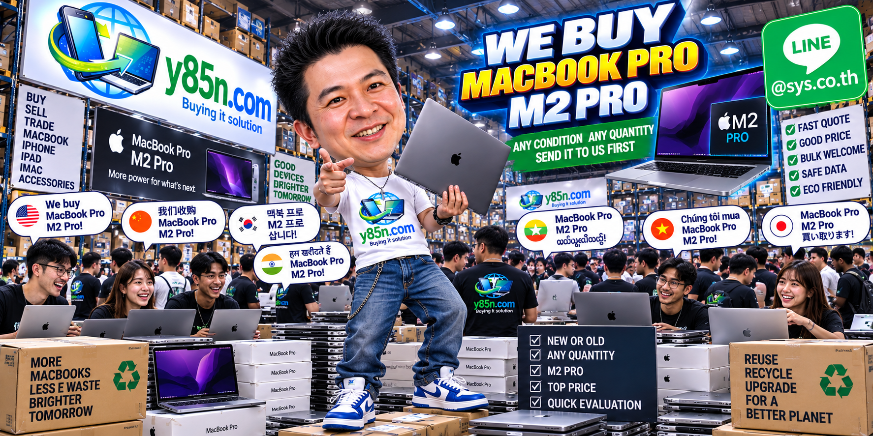 Y85N.com team and customers at a busy Intel MacBook Pro buying warehouse