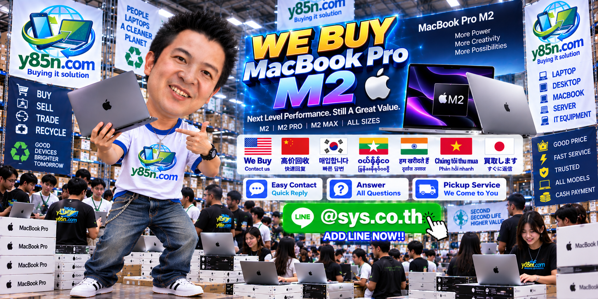 MacBook Pro M2 contact banner with LINE @sys.co.th for Y85N.com