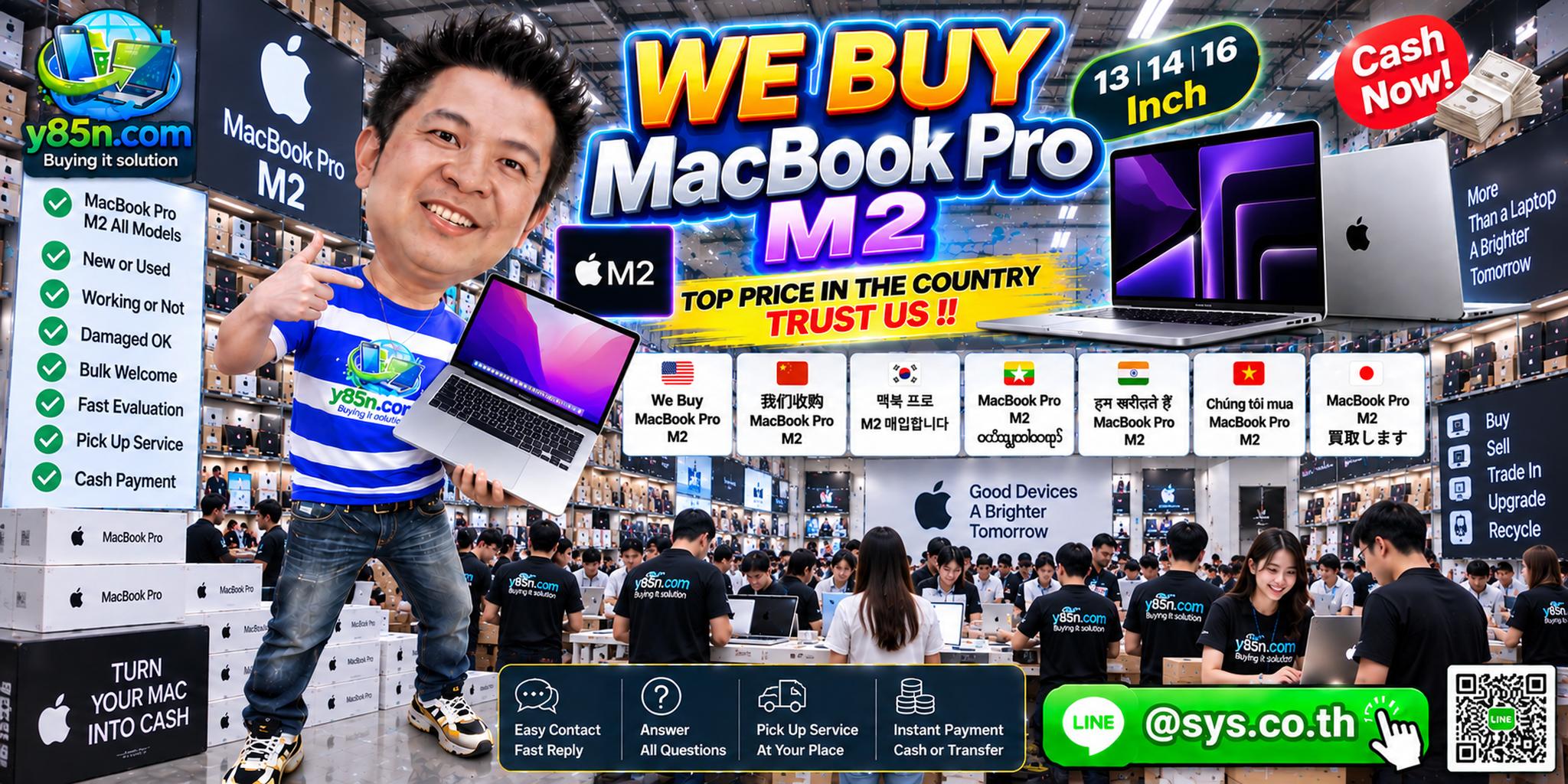 Y85N.com buying MacBook Pro M2 in a busy Thailand computer warehouse