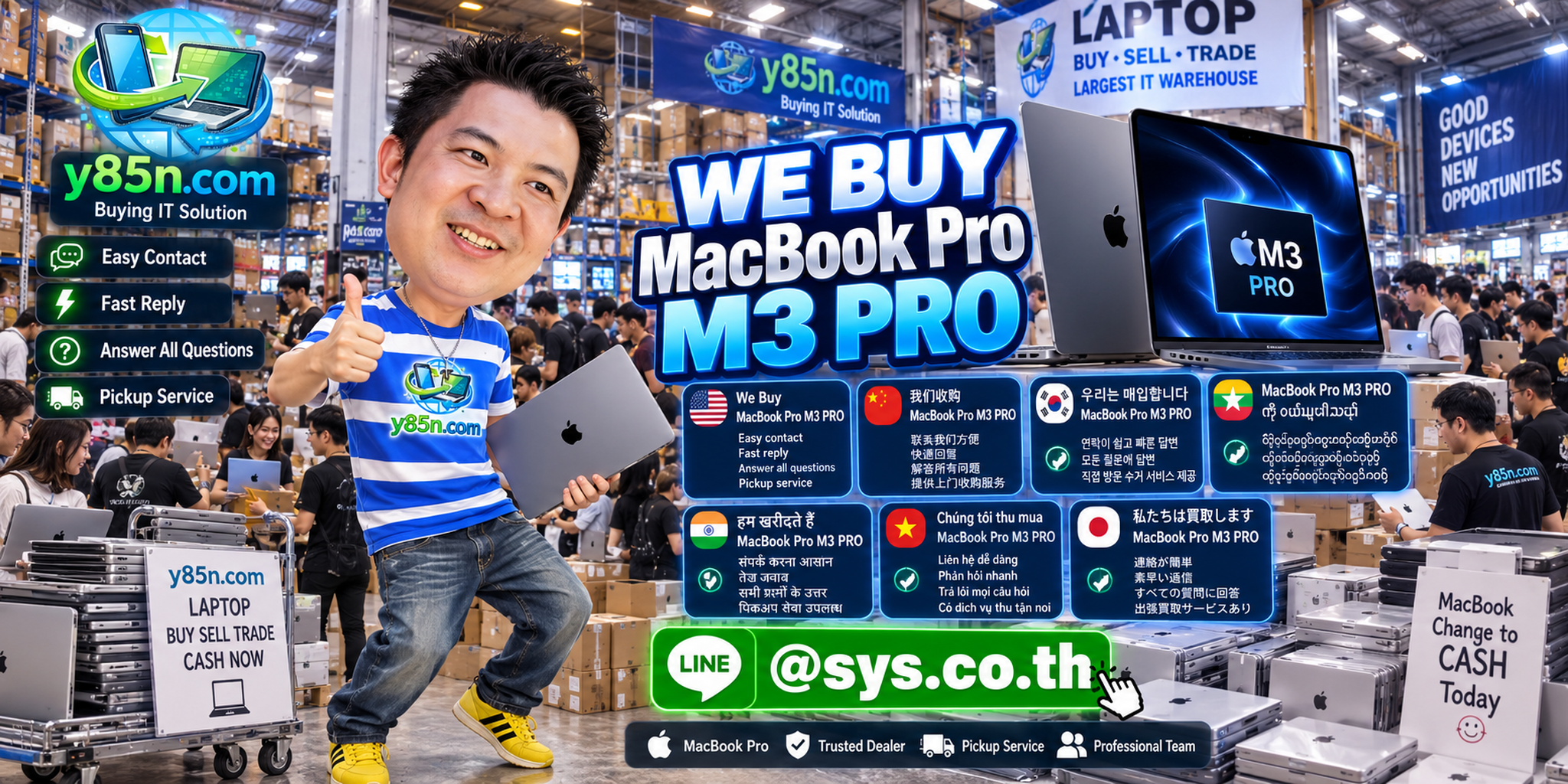 MacBook Pro M3 Pro contact banner with LINE @sys.co.th for Y85N.com