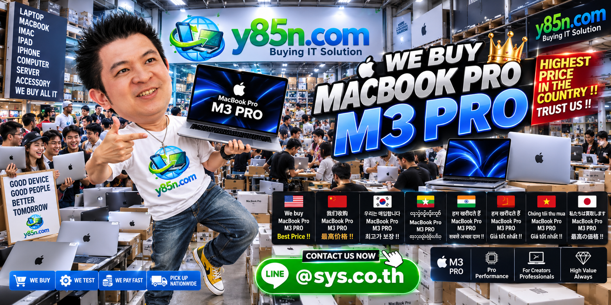 Y85N.com buying MacBook Pro M3 Pro in a busy Thailand computer warehouse