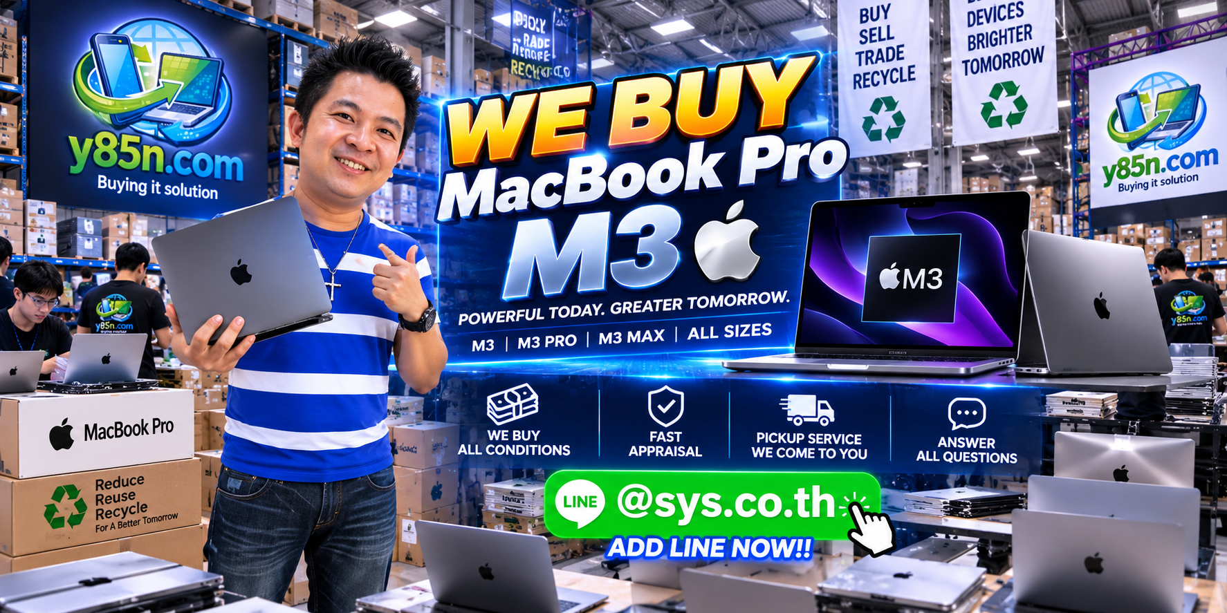 Y85N.com MacBook Pro M3 buying contact banner with LINE at sys.co.th