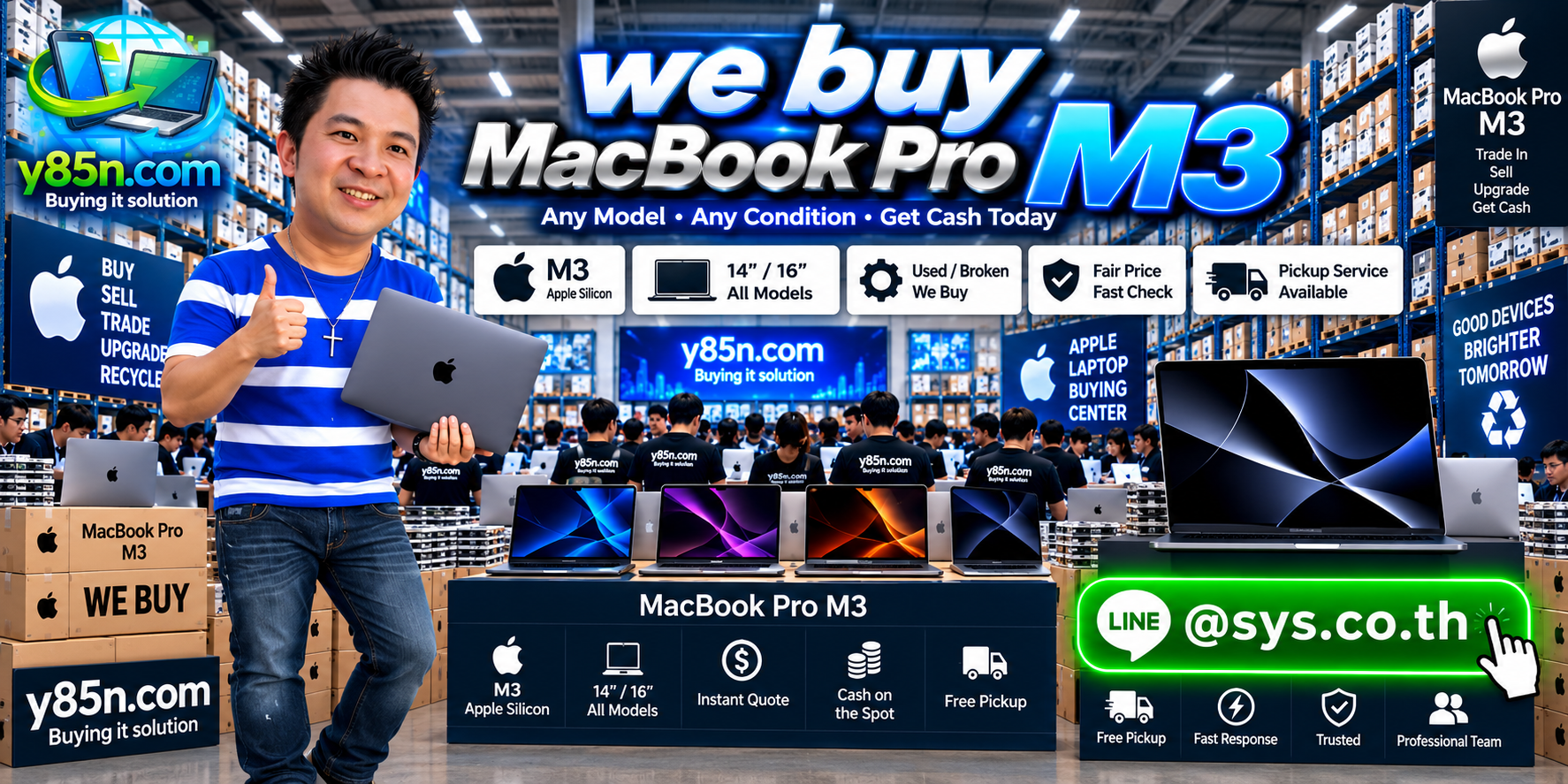 Y85N.com busy warehouse buying MacBook Pro M3 in Thailand