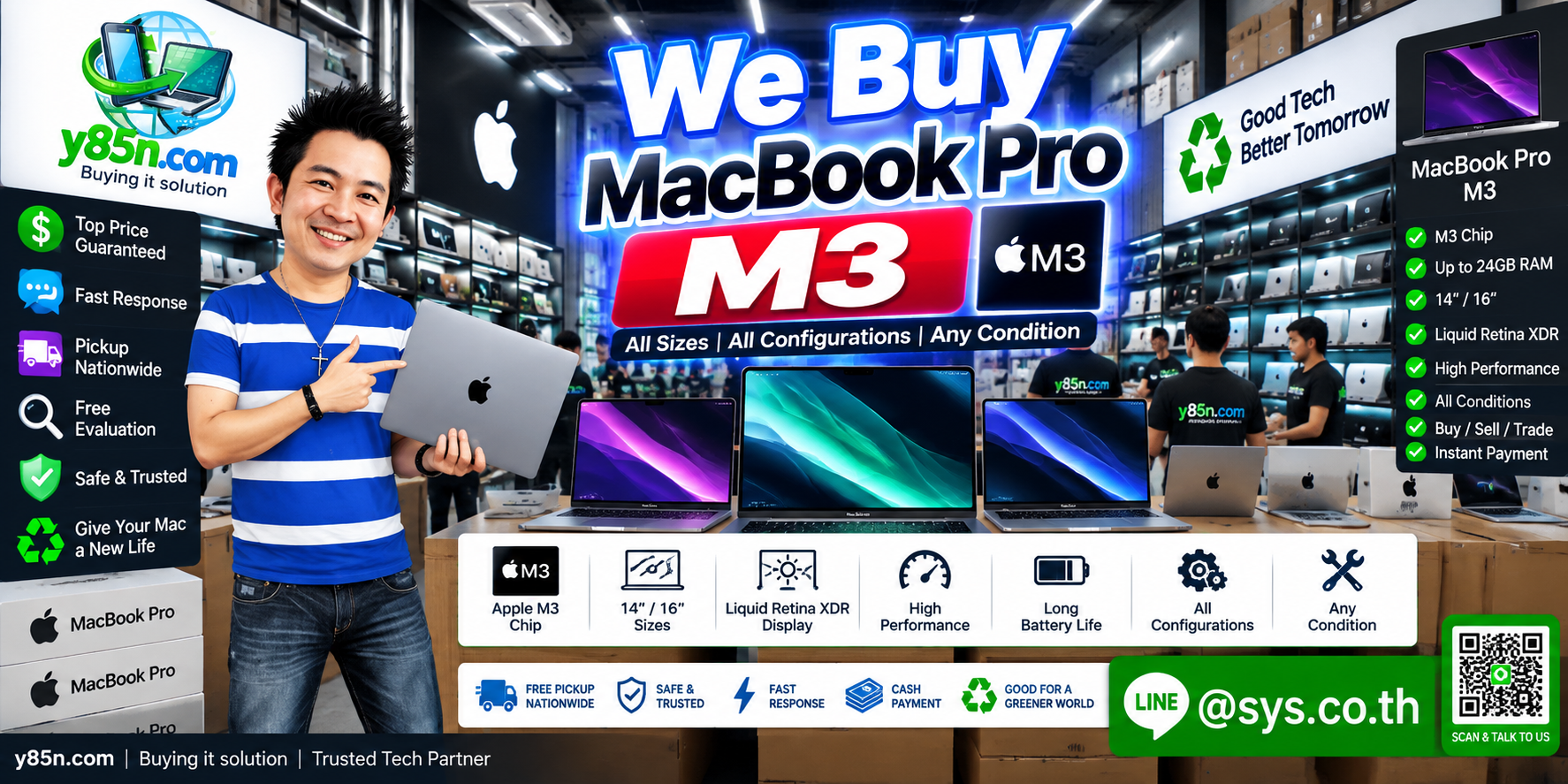 Y85N.com warehouse buying MacBook Pro M3 with a professional team