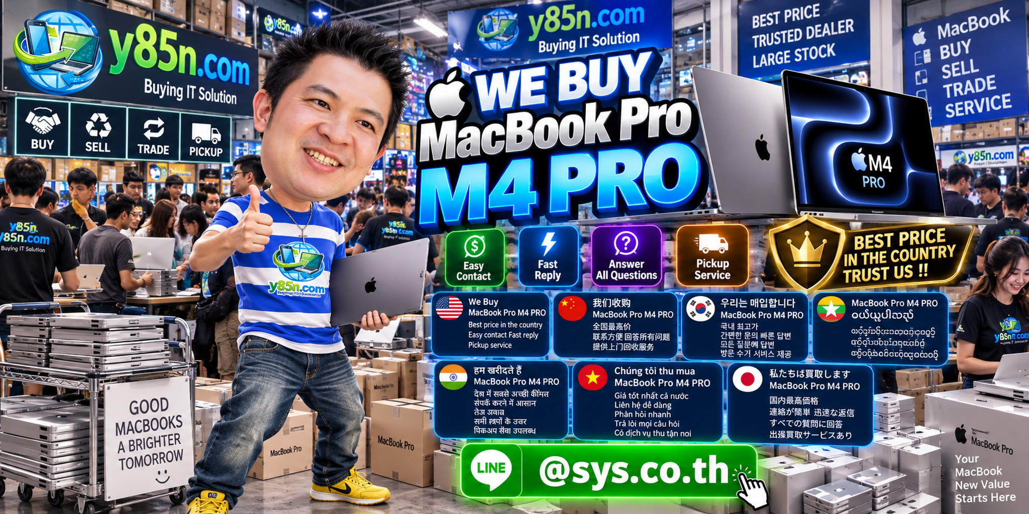 Y85N.com MacBook Pro M4 Pro buying contact banner with LINE sys.co.th