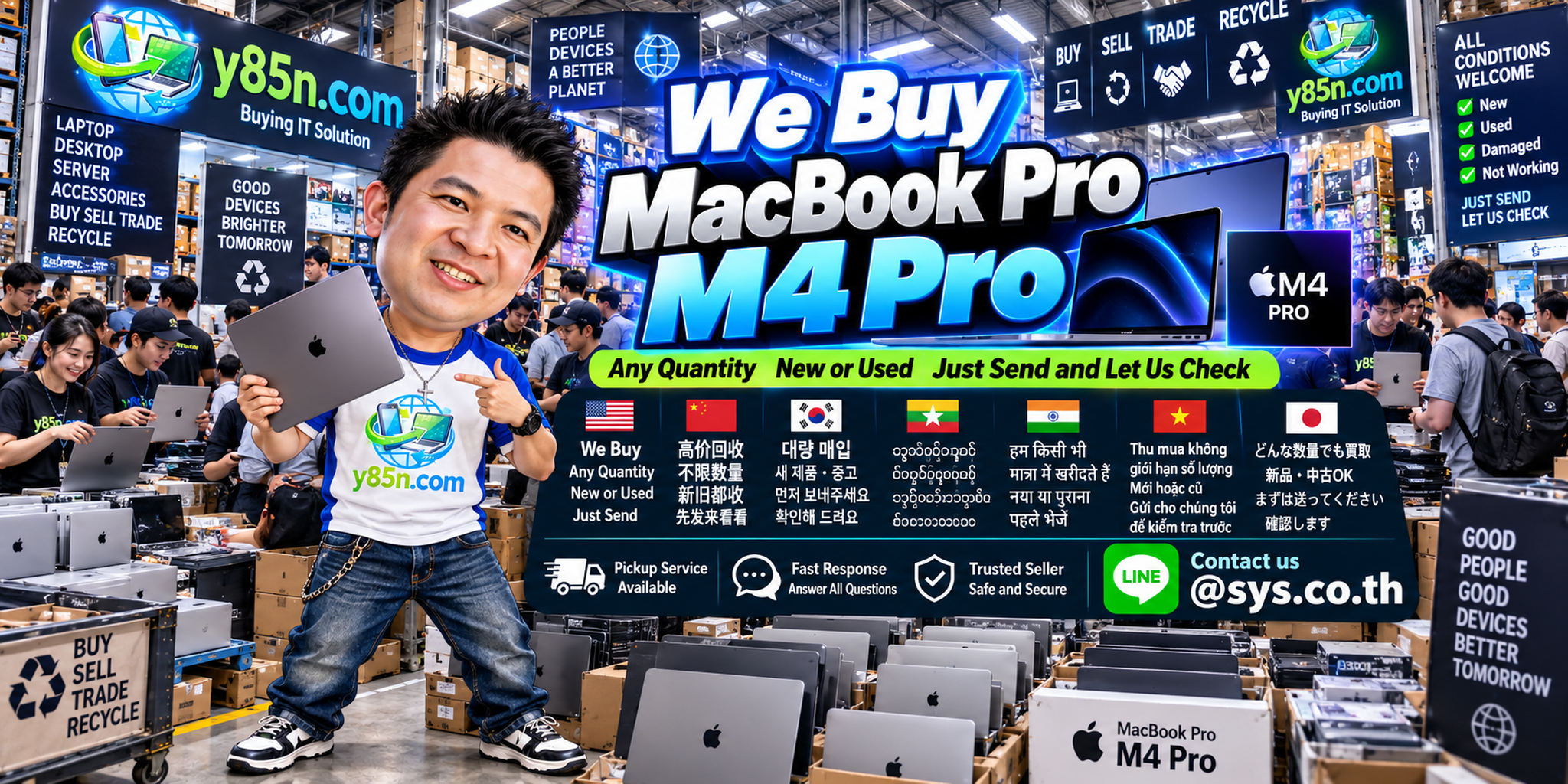 Y85N.com buying MacBook Pro M4 Pro at a busy IT warehouse
