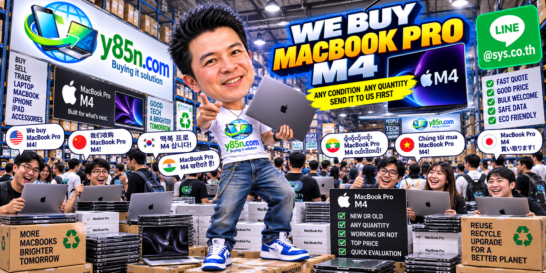 Y85N.com team and customers at a busy Intel MacBook Pro buying warehouse