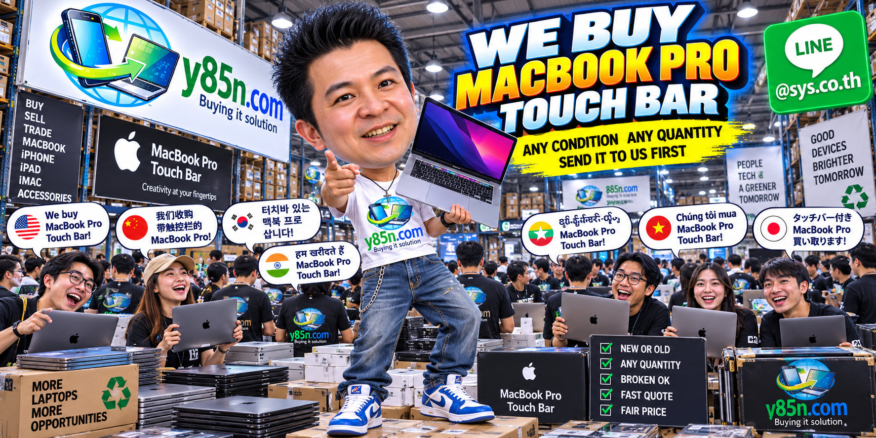Y85N.com buying MacBook Pro Touch Bar in a busy IT warehouse