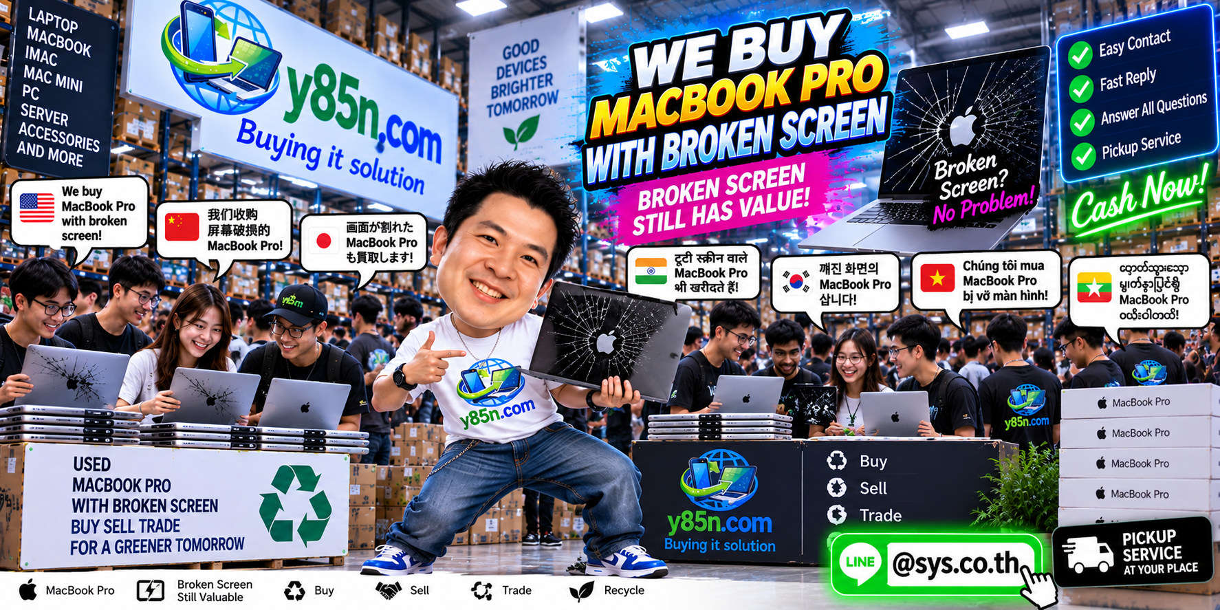 Y85N.com contact banner for selling MacBook Pro with broken screen