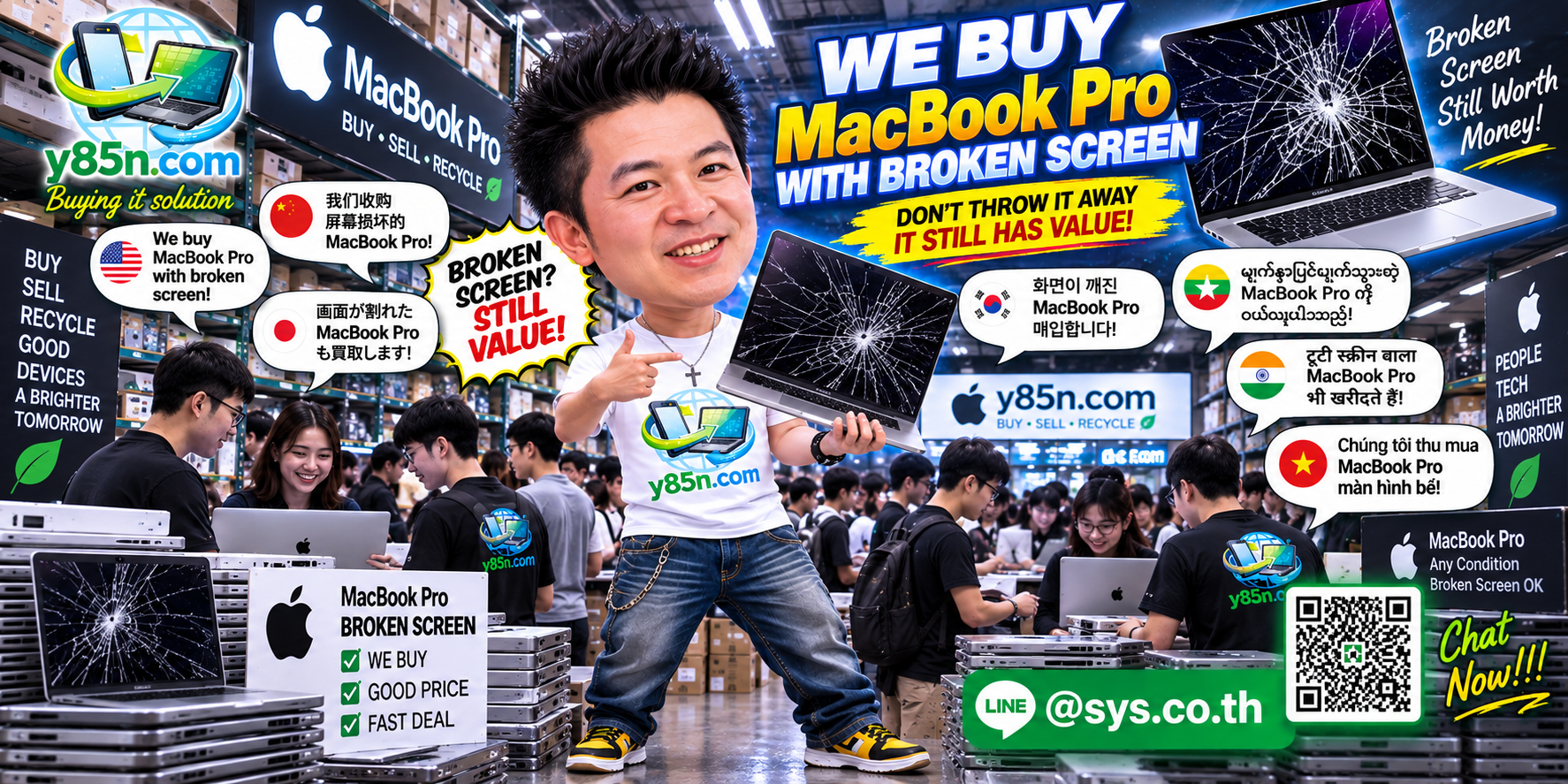 Y85N.com buys MacBook Pro with broken screen in a busy Thailand IT warehouse