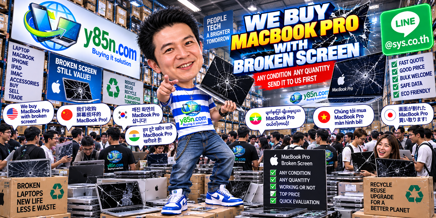 Y85N.com warehouse handling MacBook Pro with broken screens