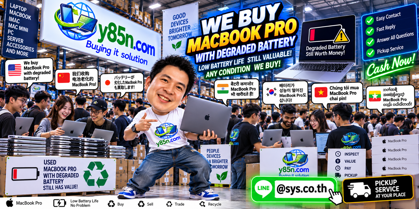 Y85N.com MacBook Pro degraded battery contact banner with LINE sys.co.th
