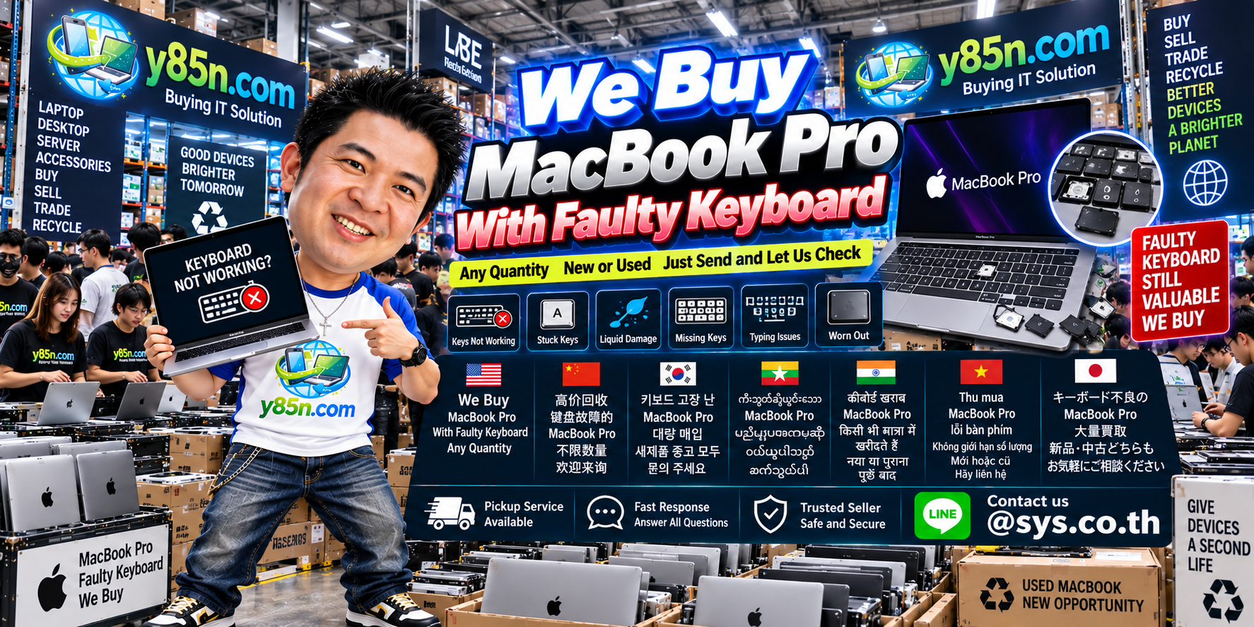 Y85N.com MacBook Pro faulty keyboard contact banner with LINE sys.co.th