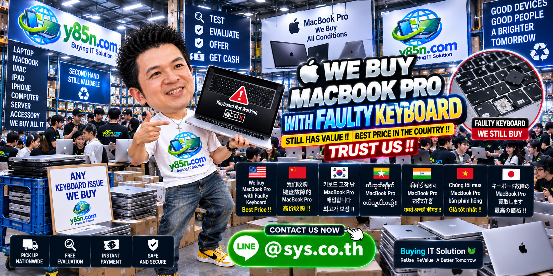 Y85N.com warehouse buying MacBook Pro computers with faulty keyboards in Thailand