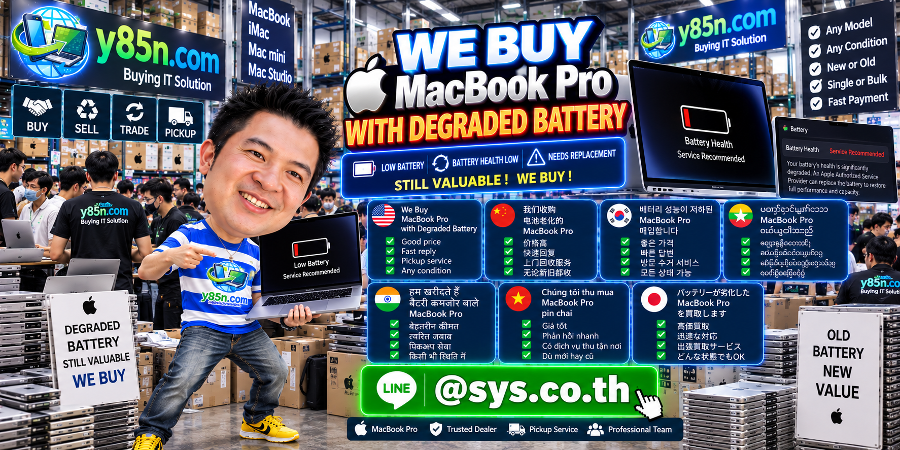 Y85N.com MacBook Pro evaluation warehouse with faulty keyboard devices