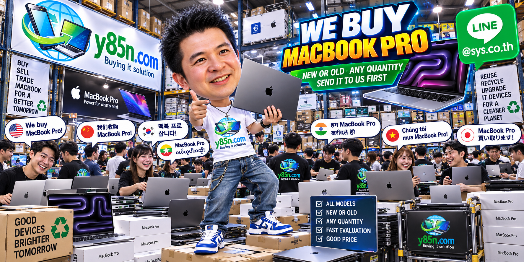 MacBook Pro buying service in a busy computer warehouse at Y85N.com