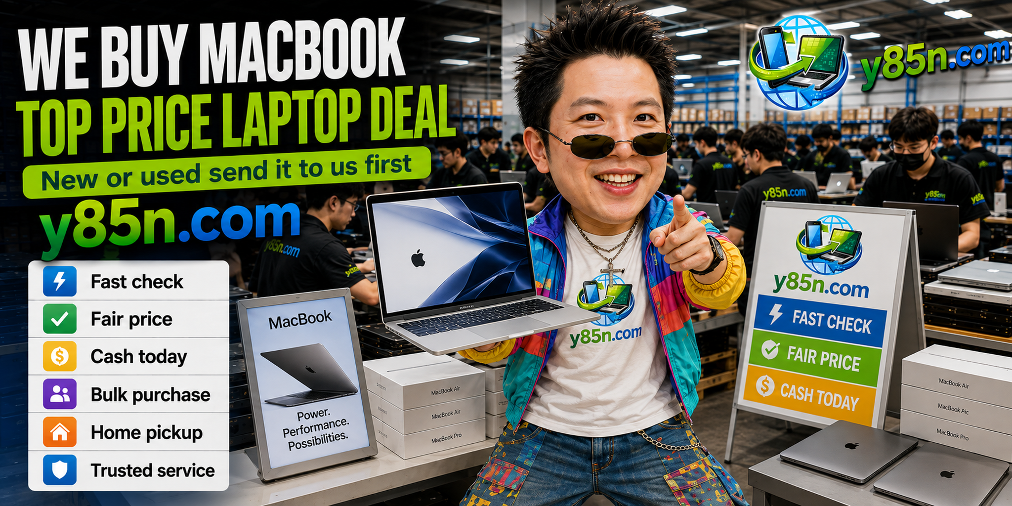 Y85N.com warehouse buying used MacBook computers with international seller support in Thailand