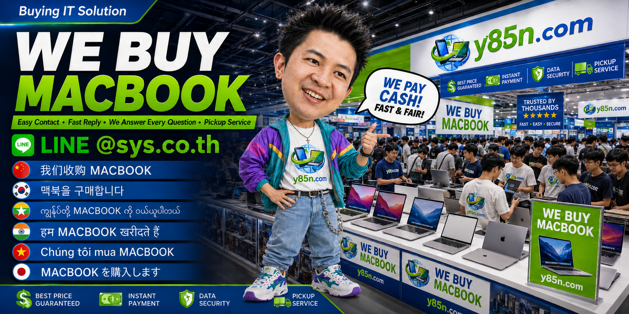 Y85N.com MacBook buying contact banner with LINE at sys.co.th