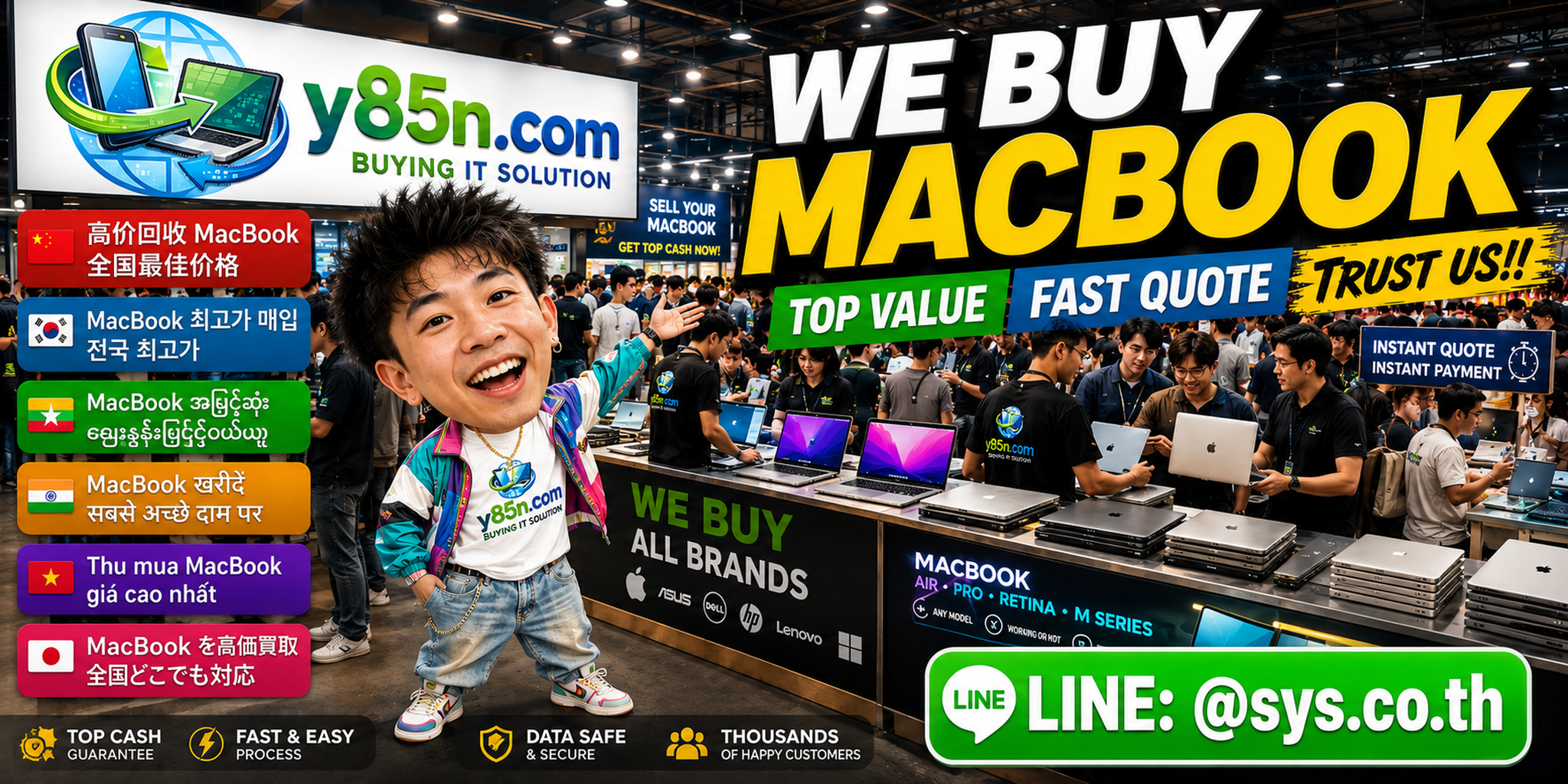 Busy Y85N.com MacBook buying warehouse in Thailand with used Apple laptops and international seller support