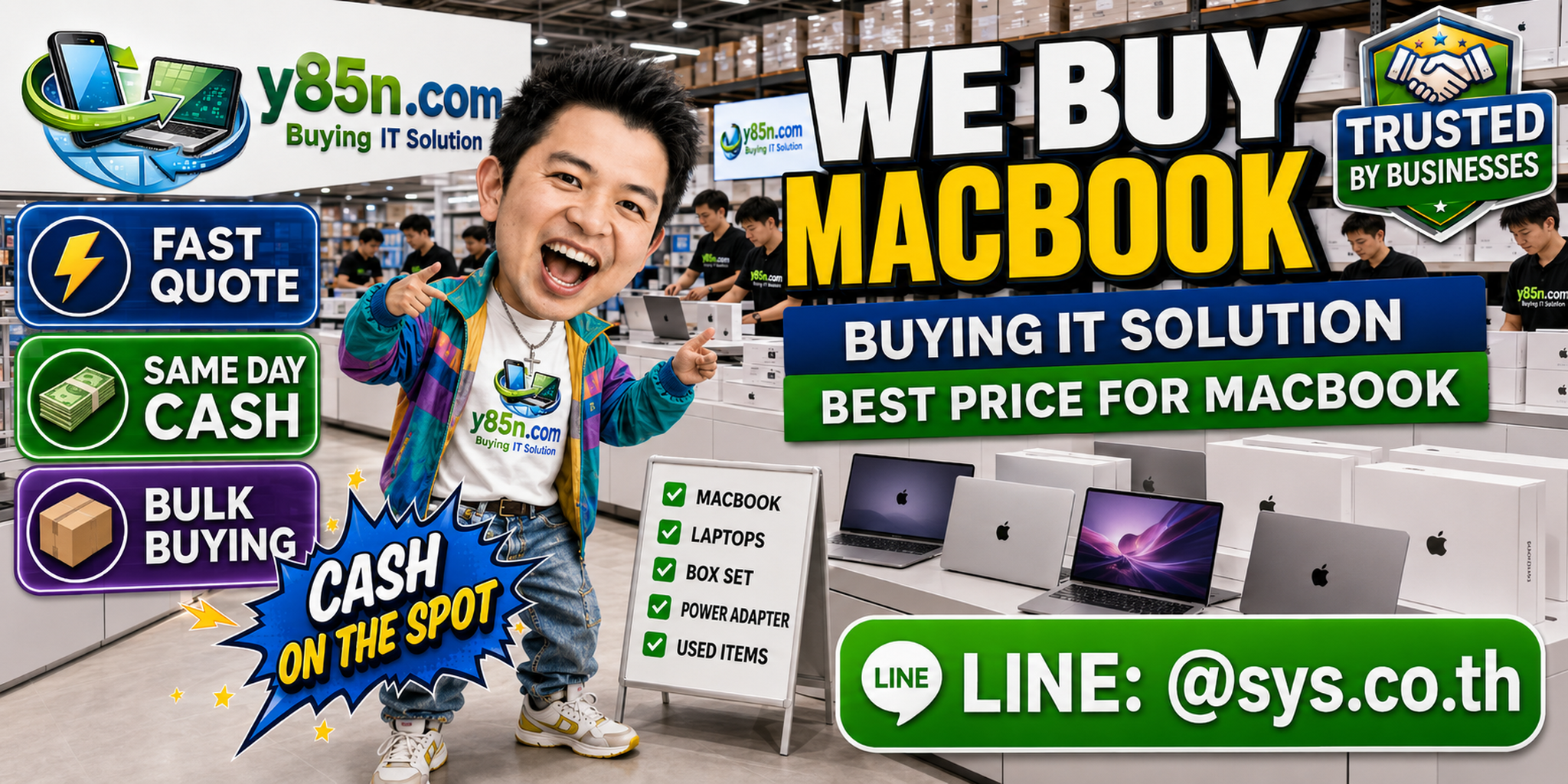Y85N.com team and customers at a busy MacBook and Apple laptop buying warehouse in Thailand