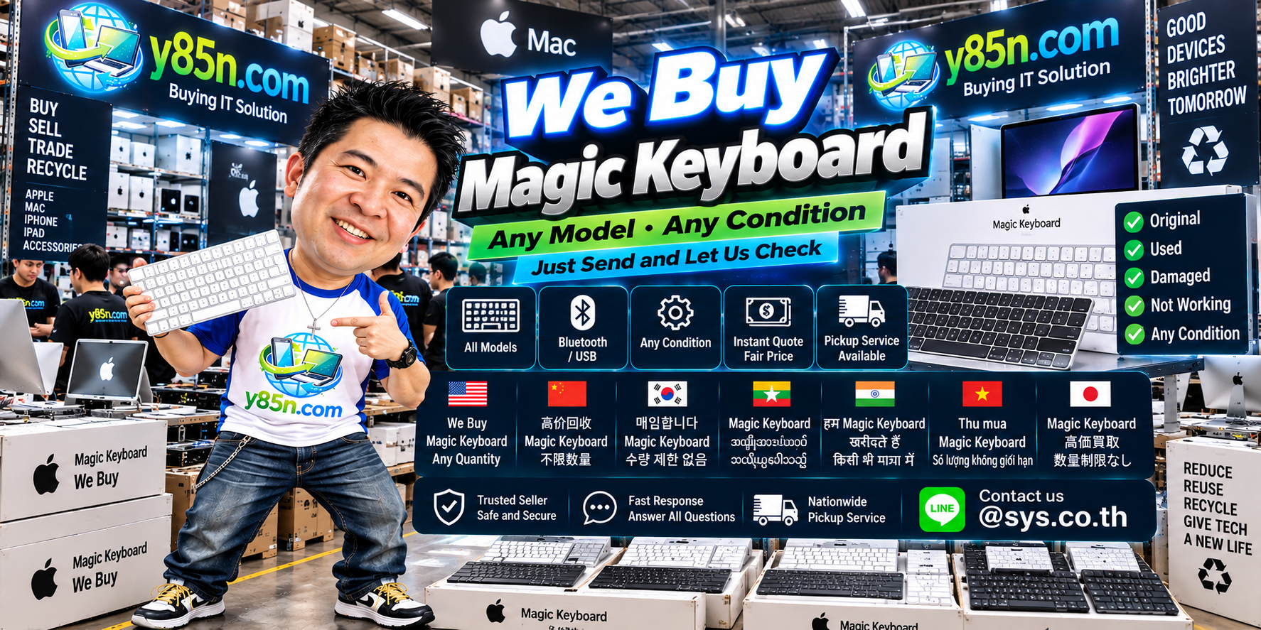 Y85N.com team and customers at a busy warehouse buying Magic Mouse and Apple accessories