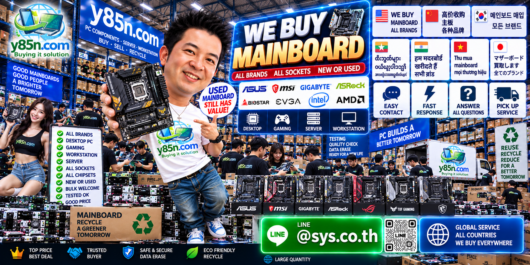 Y85N.com mainboard buying service contact banner with LINE at sys.co.th