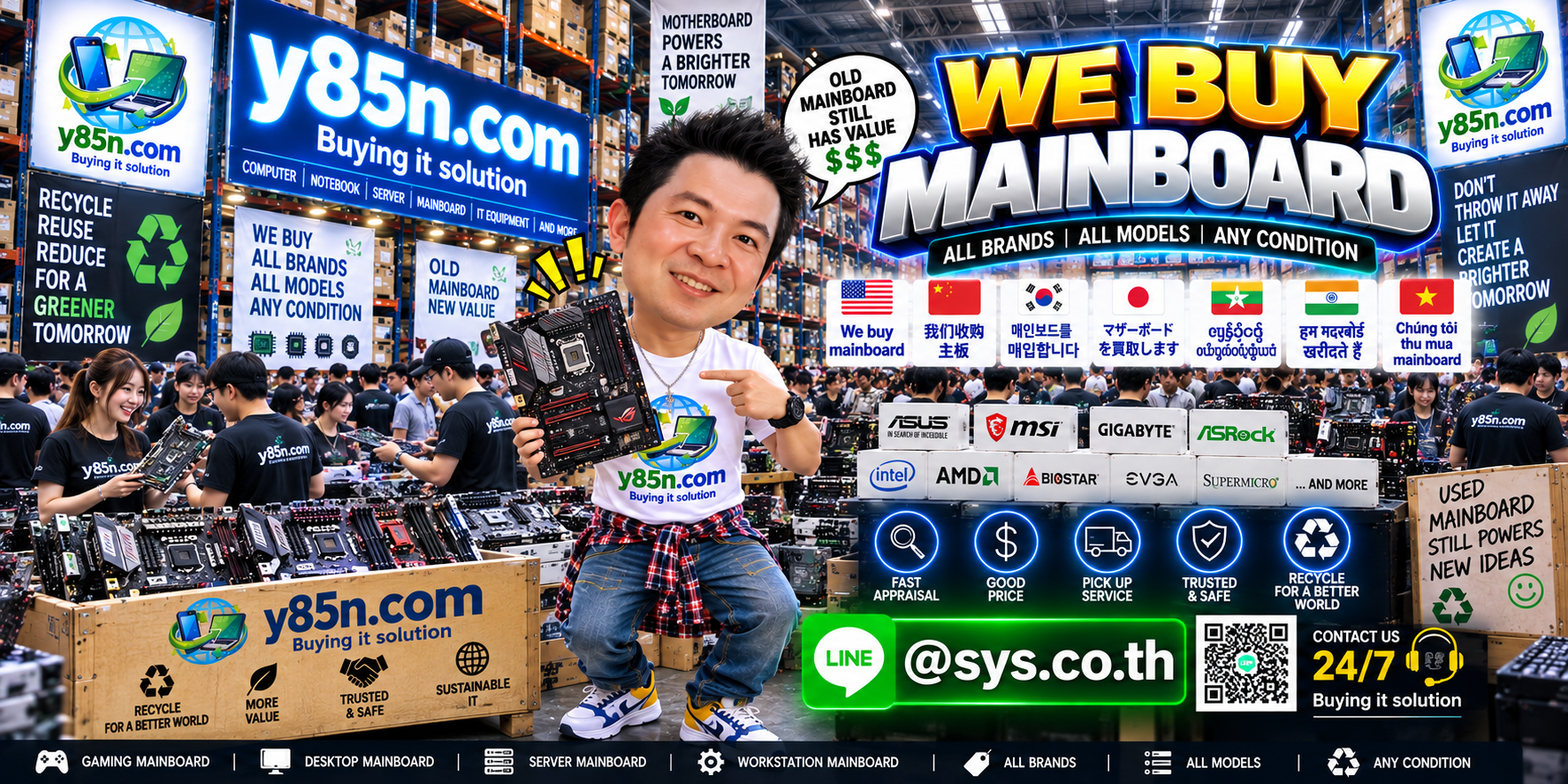 Busy Y85N.com computer warehouse buying used mainboards and motherboards in Thailand