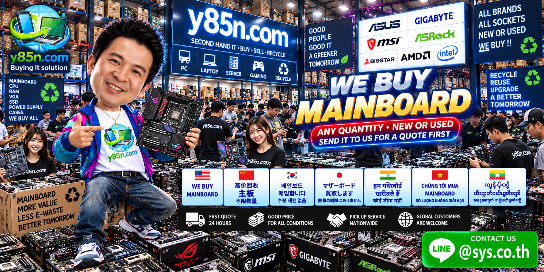 Y85N.com team and customers at a busy mainboard buying warehouse in Thailand