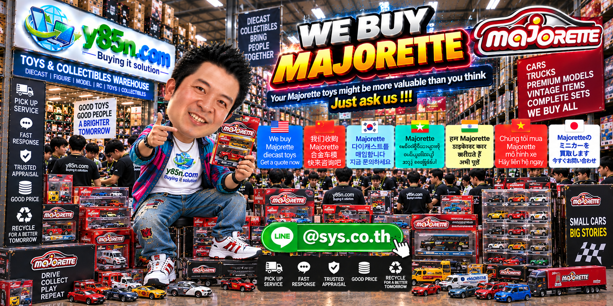 Y85N.com Majorette buying service in a busy Thailand diecast and technology warehouse