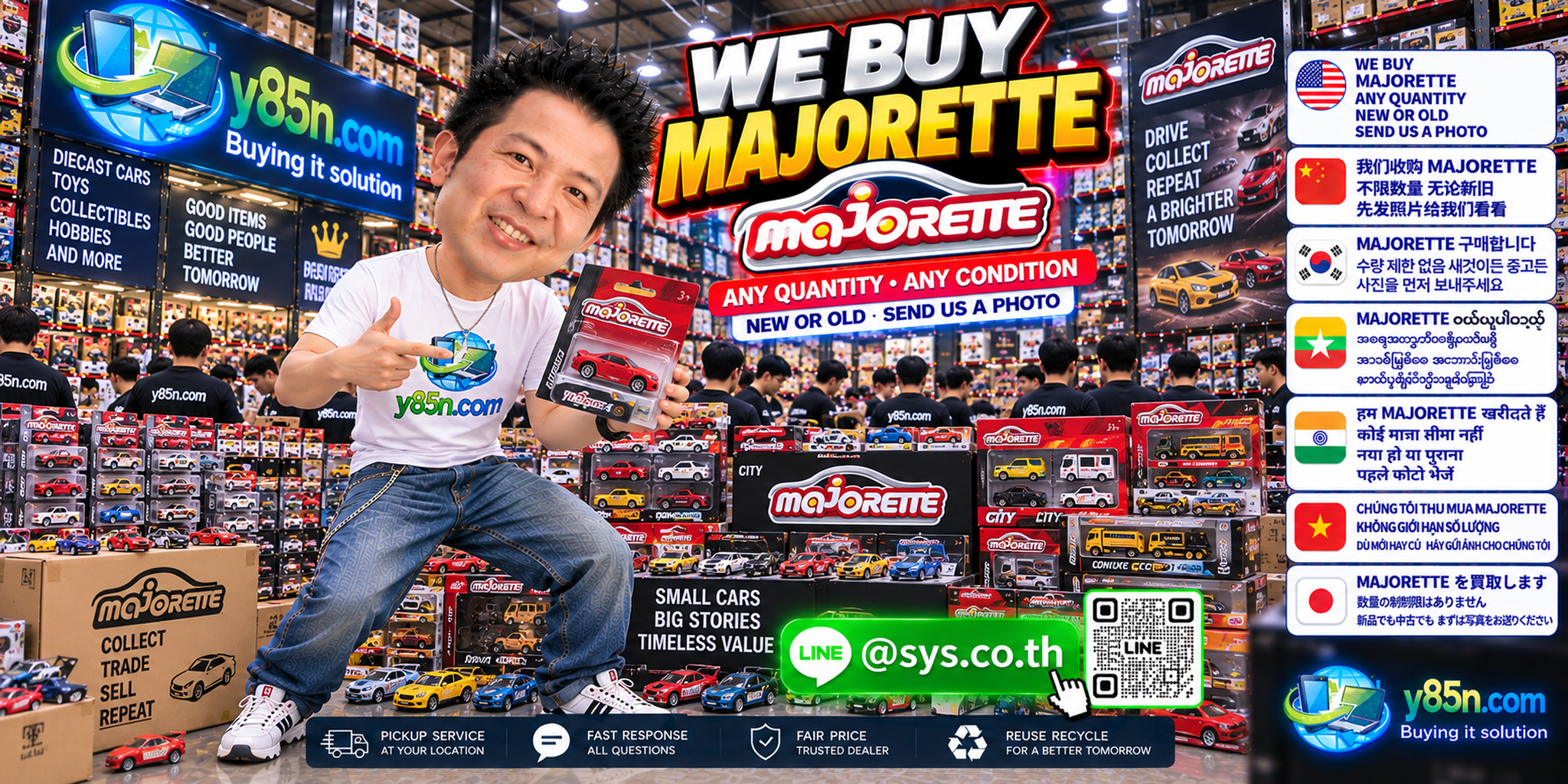 Y85N.com team evaluating Majorette diecast collections in a busy warehouse style showroom