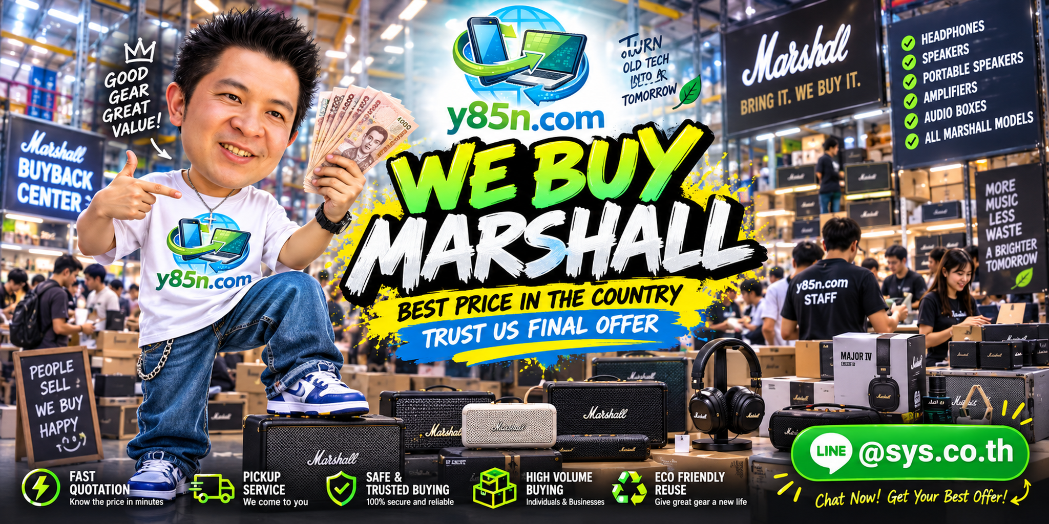 Y85N.com warehouse buying used Marshall speakers headphones and audio equipment