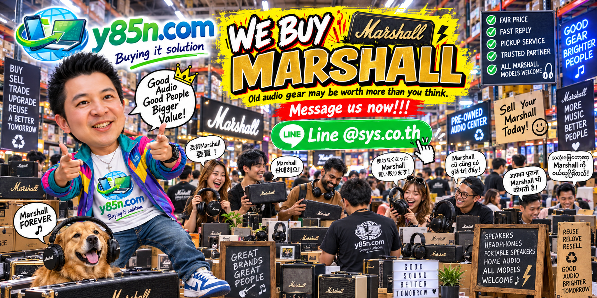 Busy Y85N.com warehouse showing a professional Marshall buying service in Thailand