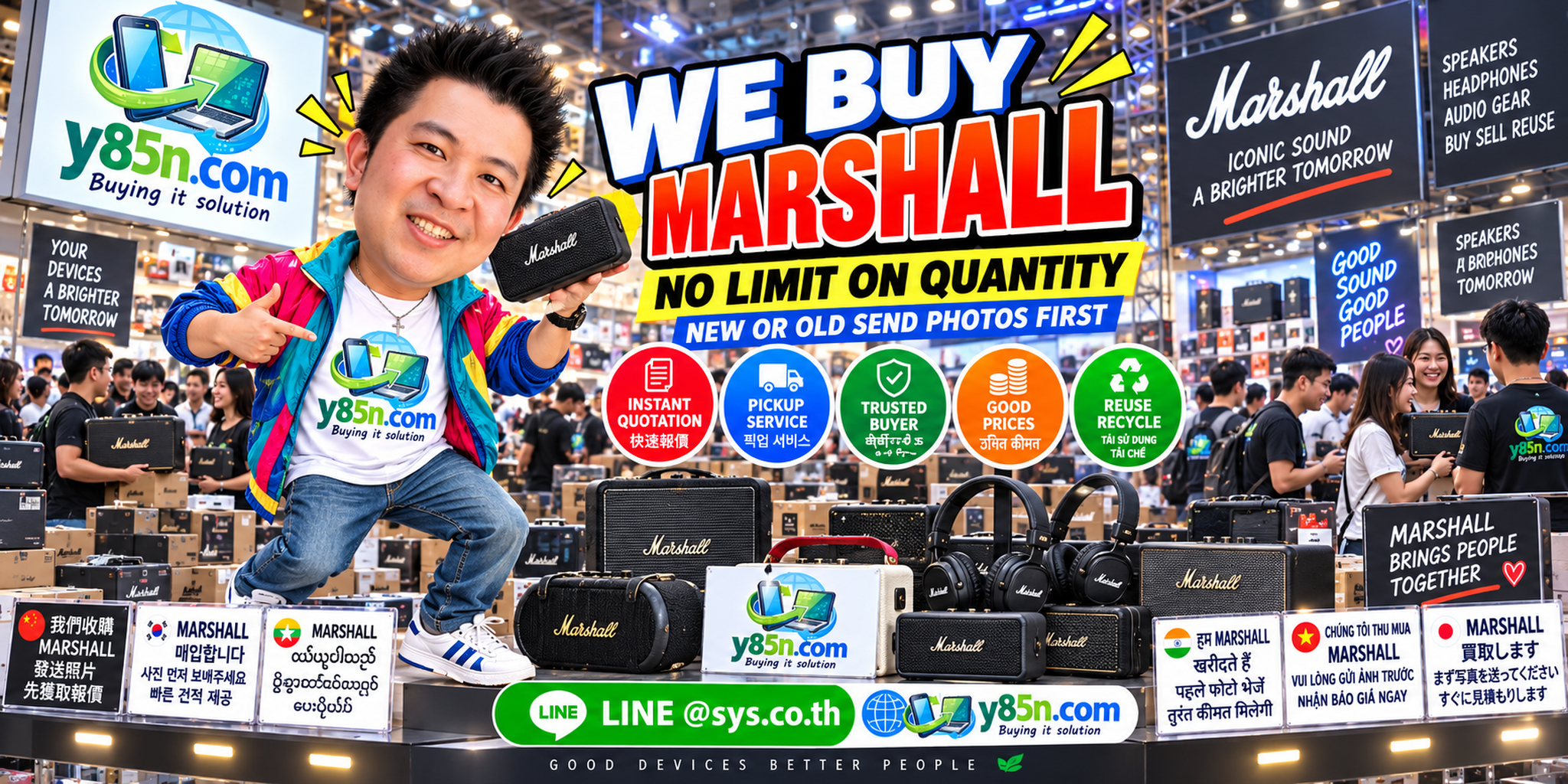 Y85N.com team and customers at a busy Marshall audio buying warehouse in Thailand