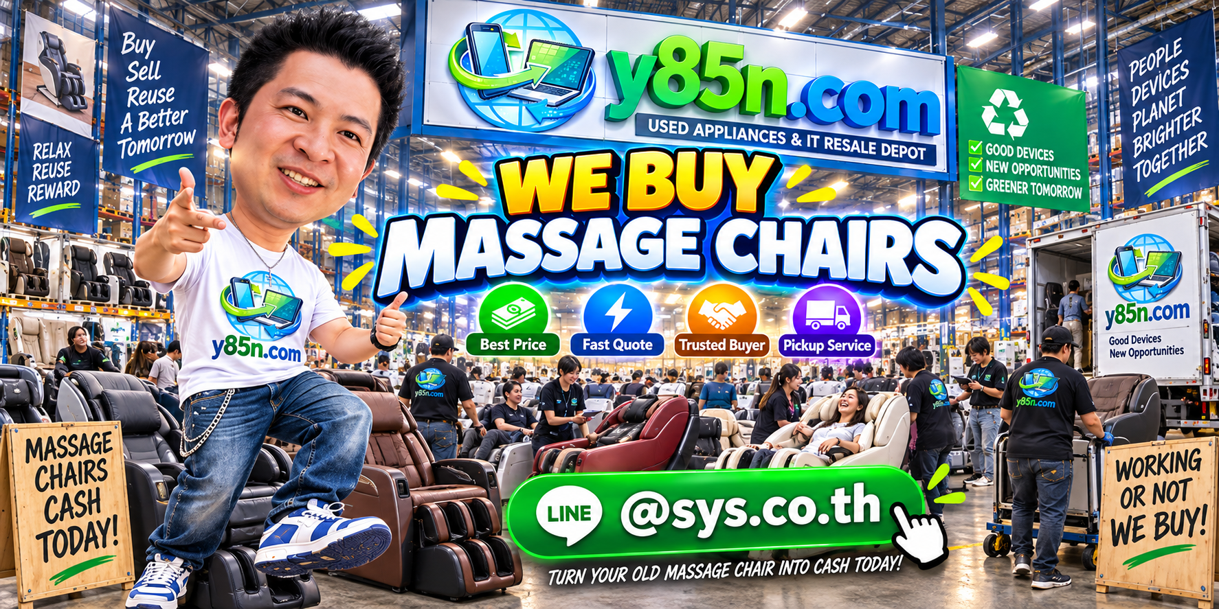 Y85N.com warehouse buying used massage chairs with international seller messaging