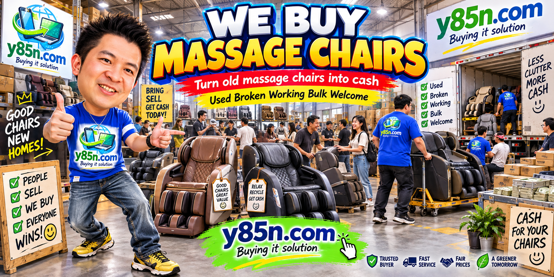 Busy Y85N.com warehouse buying used massage chairs in Thailand