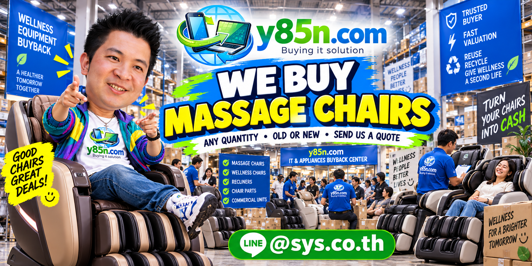 Y85N.com team and customers with massage chairs in a busy warehouse